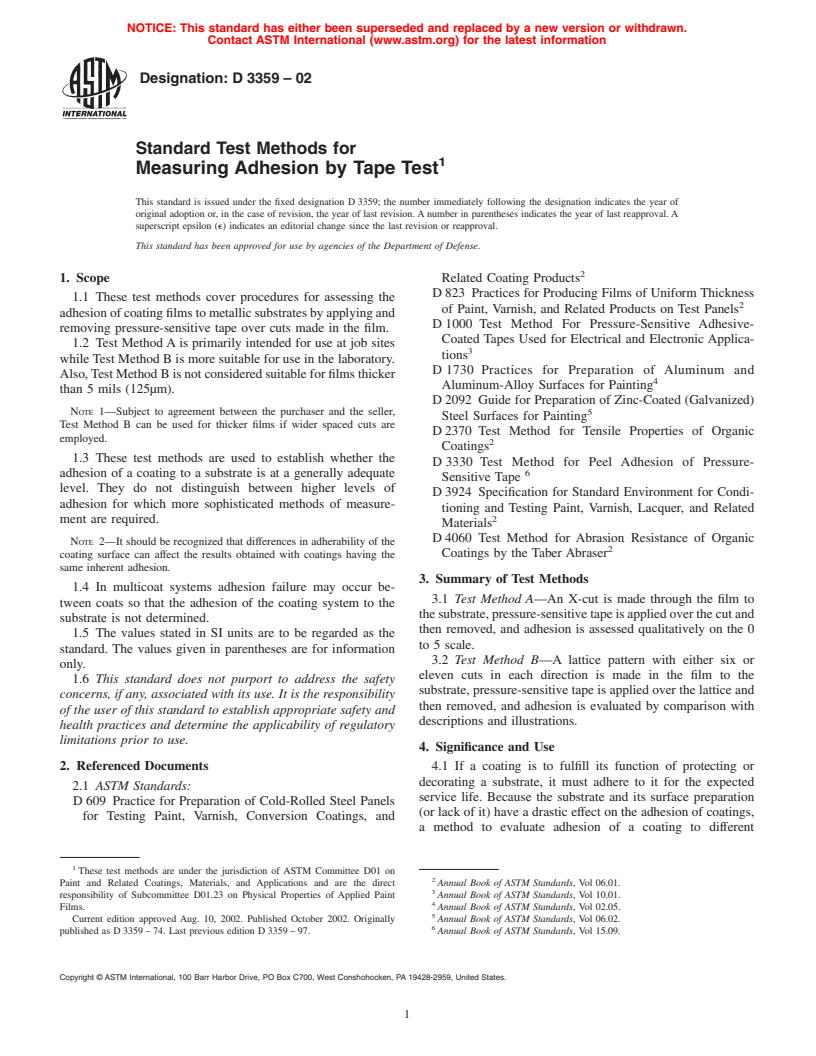 ASTM D3359-02 - Standard Test Methods for Measuring Adhesion by Tape Test
