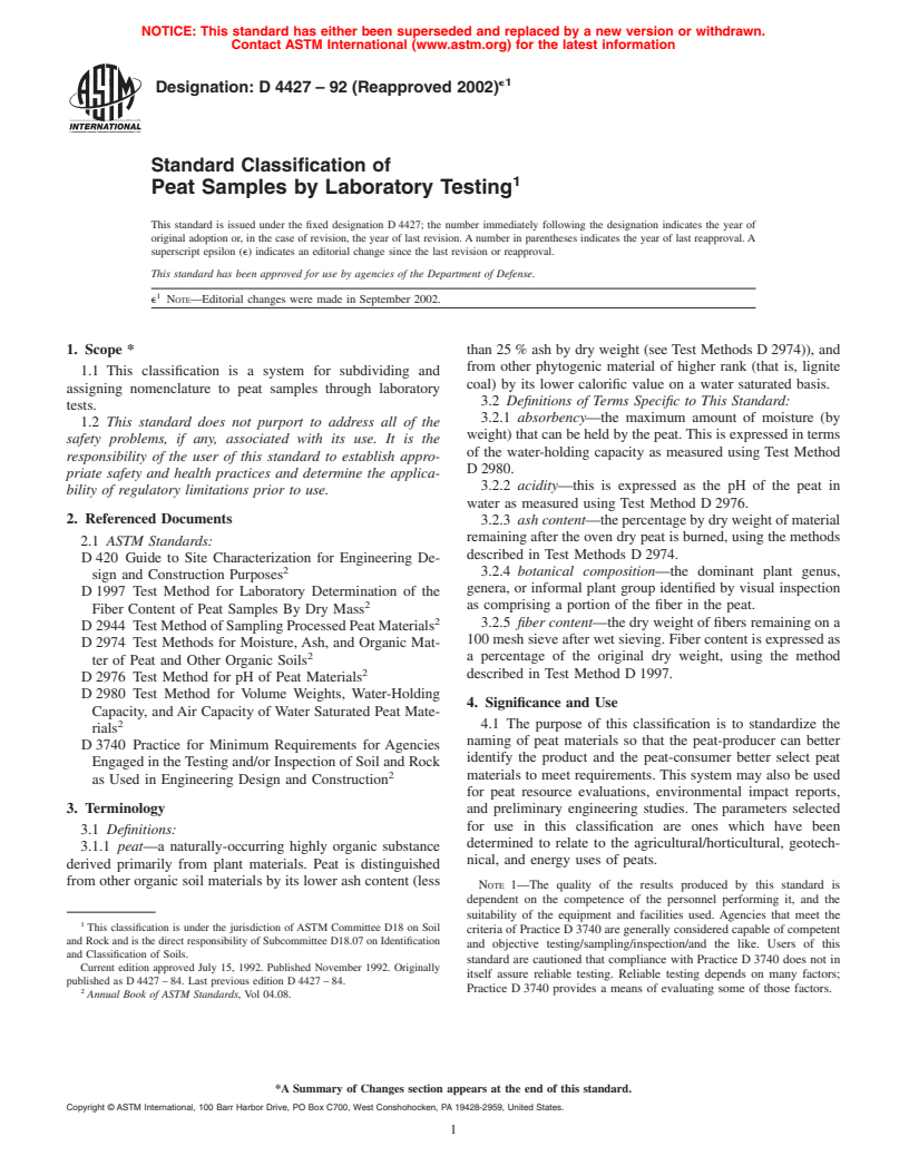 ASTM D4427-92(2002)e1 - Standard Classification of Peat Samples by Laboratory Testing