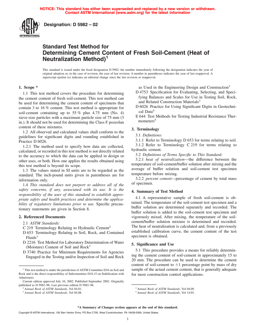 ASTM D5982-02 - Standard Test Method for Determining Cement Content of Fresh Soil-Cement (Heat of Neutralization Method)