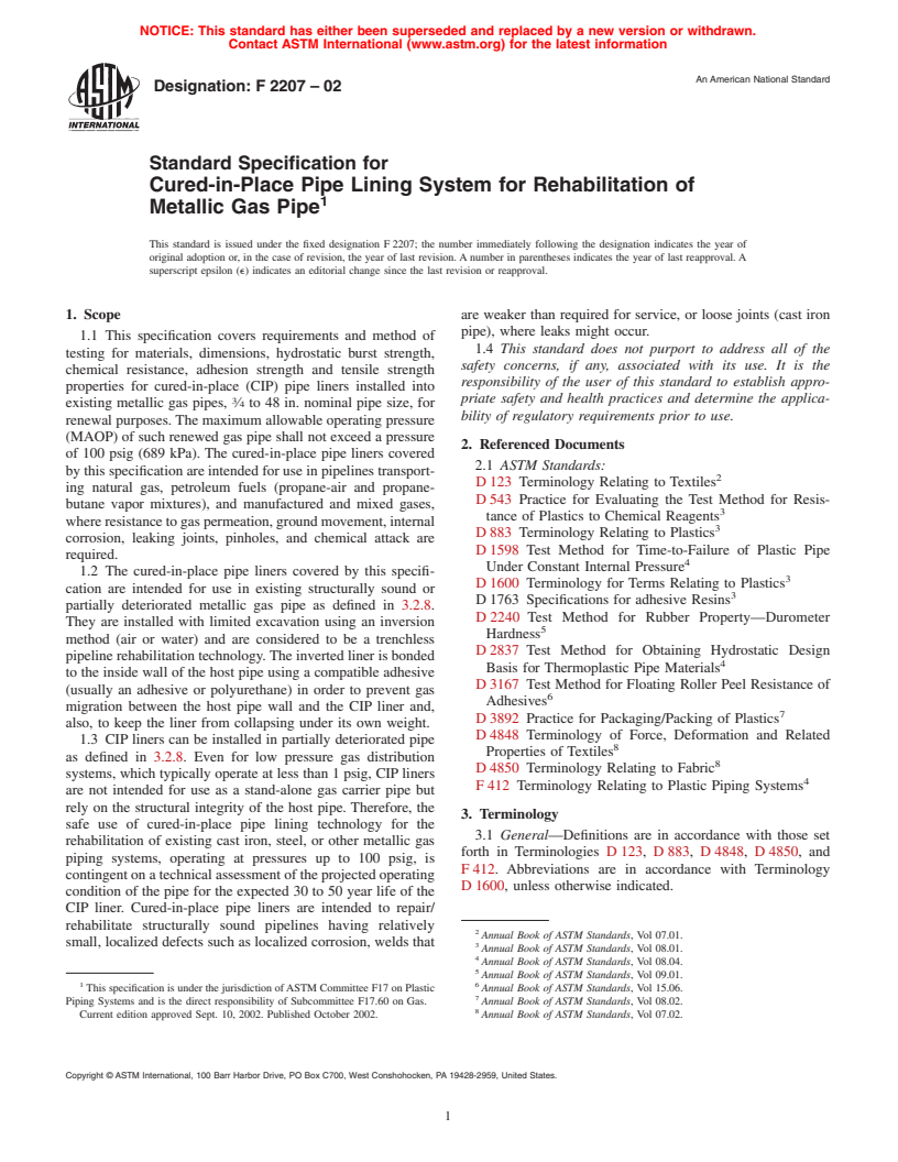 ASTM F2207-02 - Standard Specification for Cured-in-Place Pipe Lining System for Rehabilitation of Metallic Gas Pipe