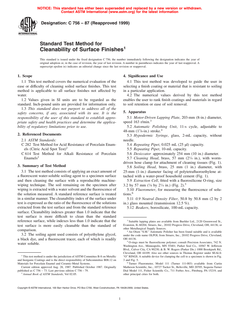 ASTM C756-87(1999) - Standard Test Method for Cleanability of Surface Finishes