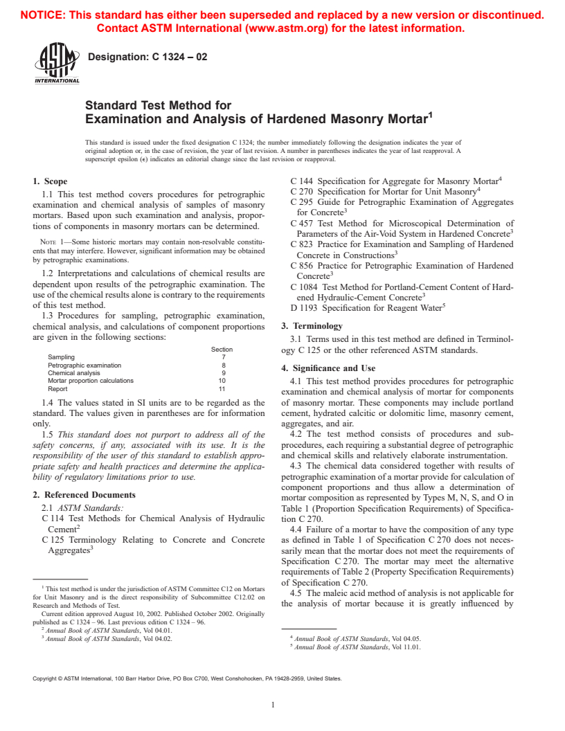 ASTM C1324-02 - Standard Test Method for Examination and Analysis of Hardened Masonry Mortar