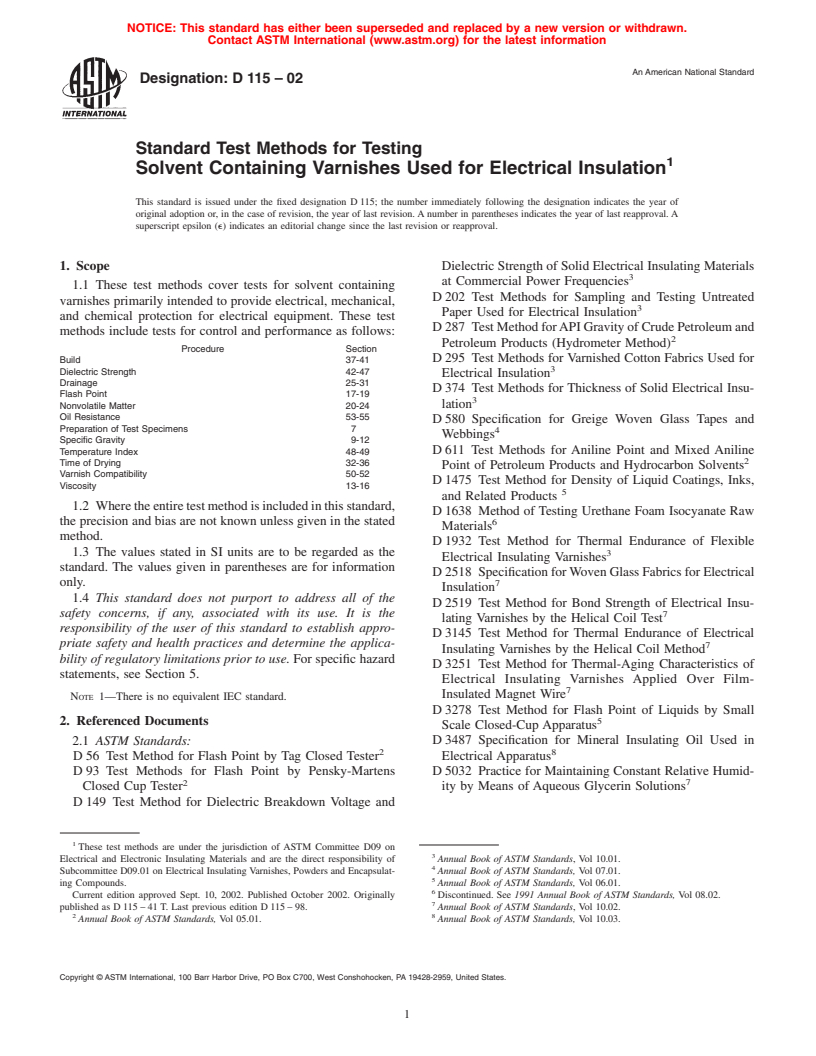 ASTM D115-02 - Standard Test Methods for Testing Solvent Containing Varnishes Used for Electrical Insulation