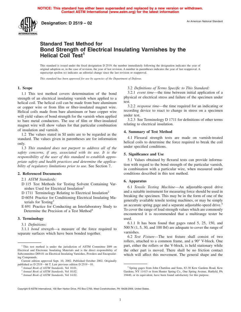 ASTM D2519-02 - Standard Test Method for Bond Strength of Electrical Insulating Varnishes by the Helical Coil Test