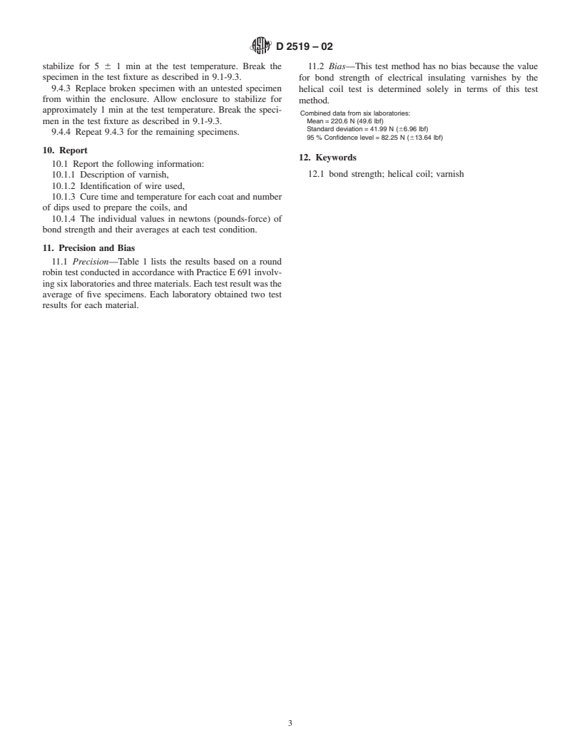 ASTM D2519-02 - Standard Test Method for Bond Strength of Electrical Insulating Varnishes by the Helical Coil Test