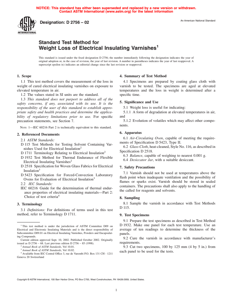 ASTM D2756-02 - Standard Test Method for Weight Loss of Electrical Insulating Varnishes