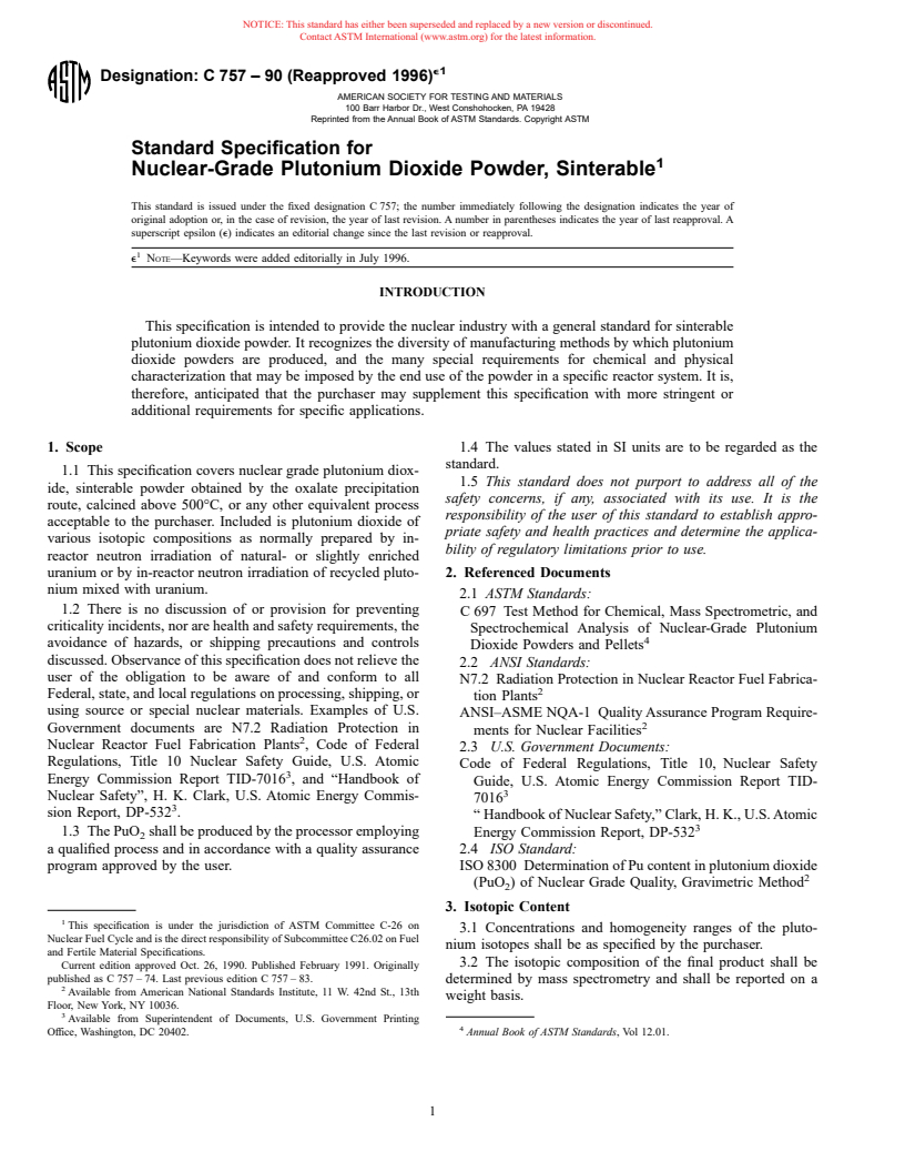 ASTM C757-90(1996)e1 - Standard Specification for Nuclear-Grade Plutonium Dioxide Powder, Sinterable