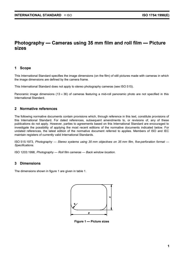 ISO 1754:1998 - Photography -- Cameras using 35 mm film and roll film -- Picture sizes