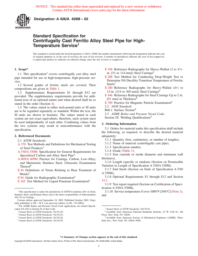 ASTM A426/A426M-02 - Standard Specification for Centrifugally Cast Ferritic Alloy Steel Pipe for High-Temperature Service