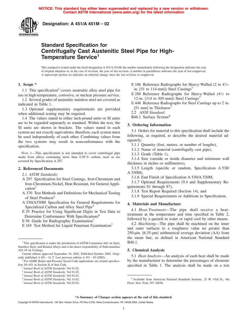 ASTM A451/A451M-02 - Standard Specification for Centrifugally Cast Austenitic Steel Pipe for High-Temperature Service