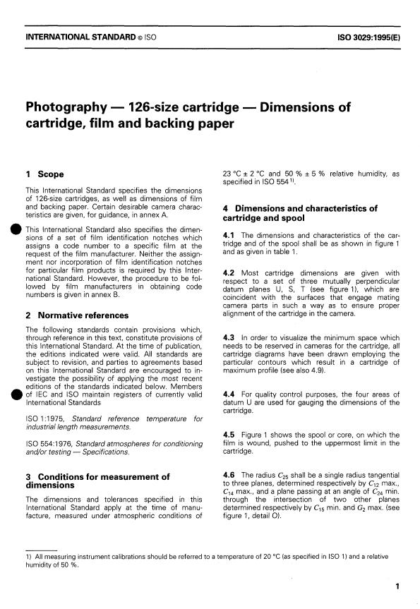 ISO 3029:1995 - Photography -- 126-size cartridges -- Dimensions of cartridge, film and backing paper