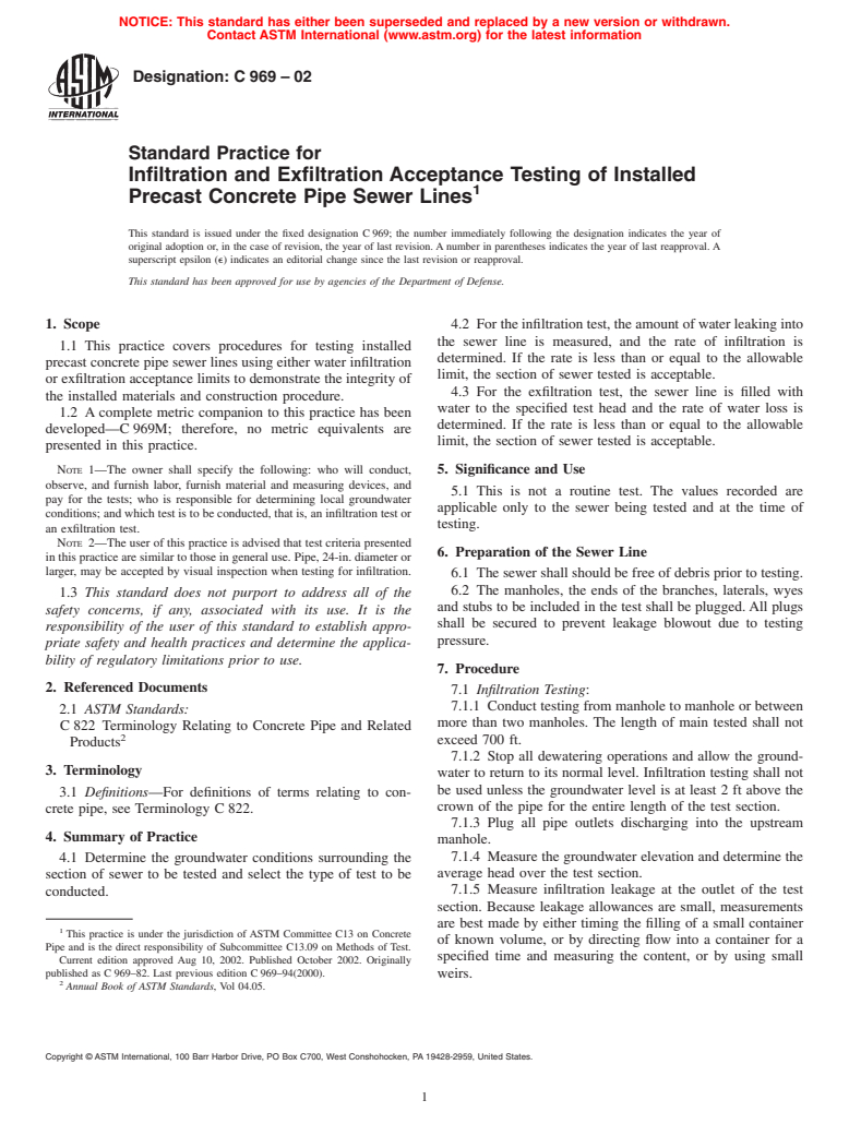 ASTM C969-02 - Standard Practice for Infiltration and Exfiltration Acceptance Testing of Installed Precast Concrete Pipe Sewer Lines