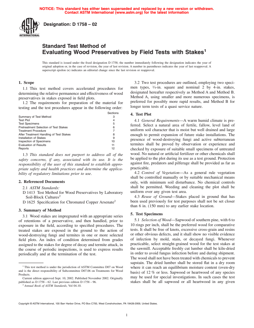 ASTM D1758-02 - Standard Test Method of Evaluating Wood Preservatives by Field Tests with Stakes