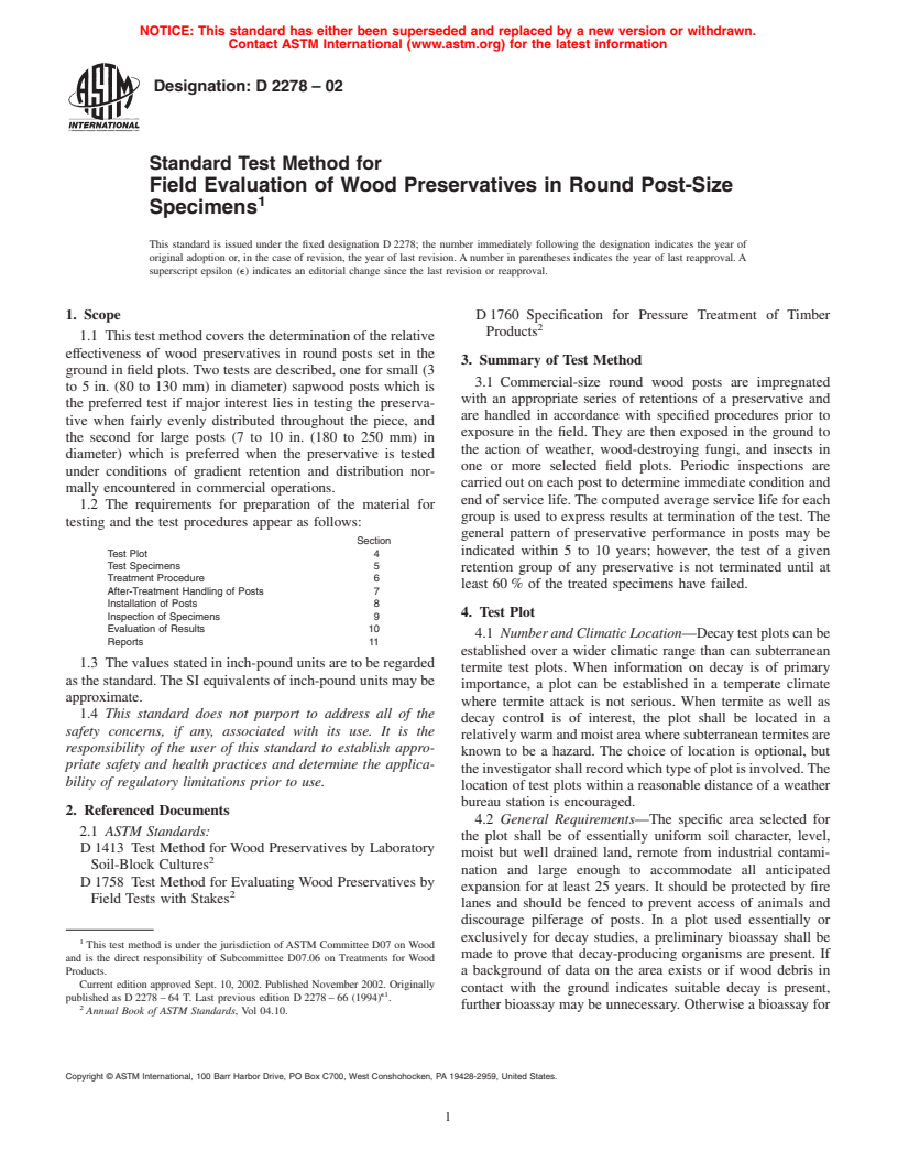 ASTM D2278-02 - Standard Test Method for Field Evaluation of Wood Preservatives in Round Post-Size Specimens