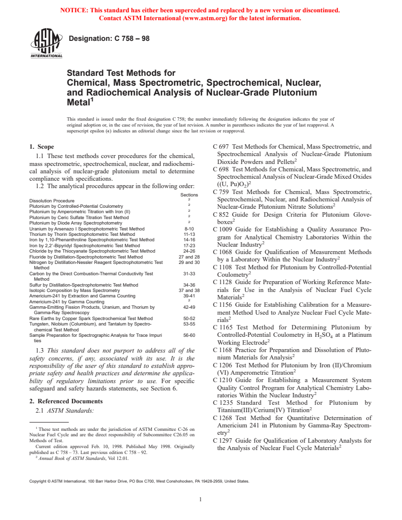 ASTM C758-98 - Standard Test Methods for Chemical, Mass Spectrometric, Spectrochemical, Nuclear, and Radiochemical Analysis of Nuclear-Grade Plutonium Metal