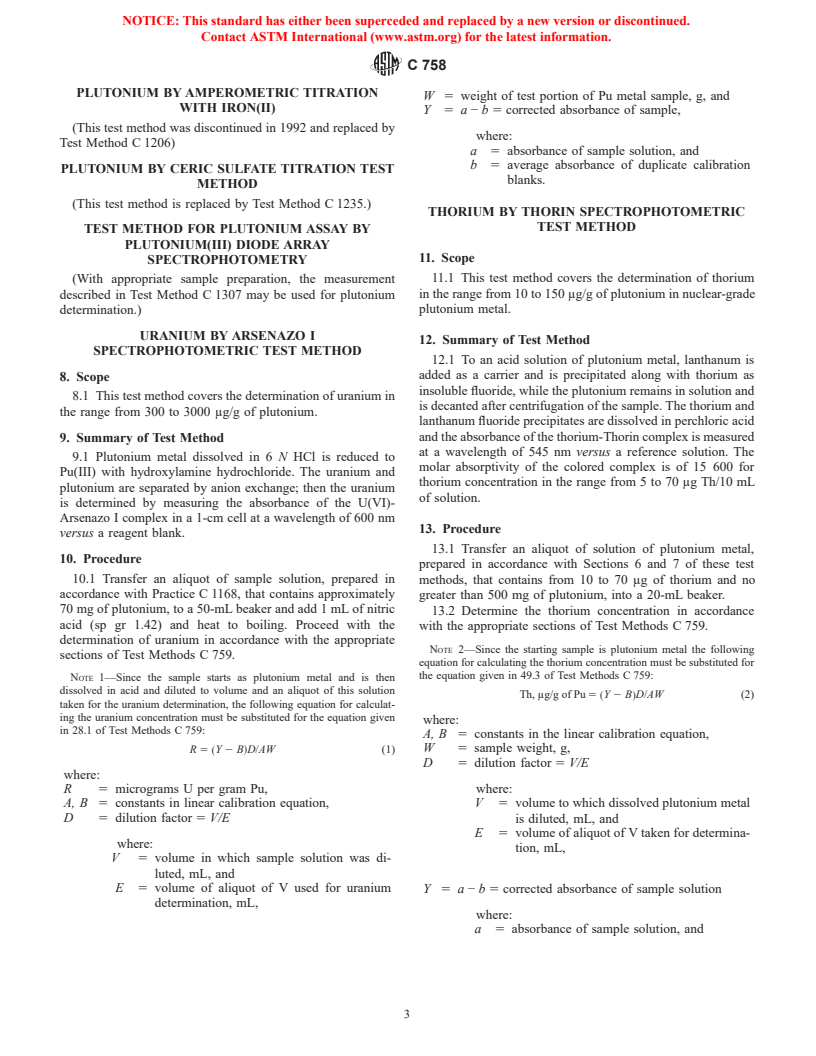 ASTM C758-98 - Standard Test Methods for Chemical, Mass Spectrometric, Spectrochemical, Nuclear, and Radiochemical Analysis of Nuclear-Grade Plutonium Metal