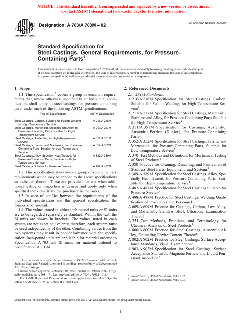 ASTM A703/A703M-02 - Standard Specification for Steel Castings, General Requirements, for Pressure-Containing Parts