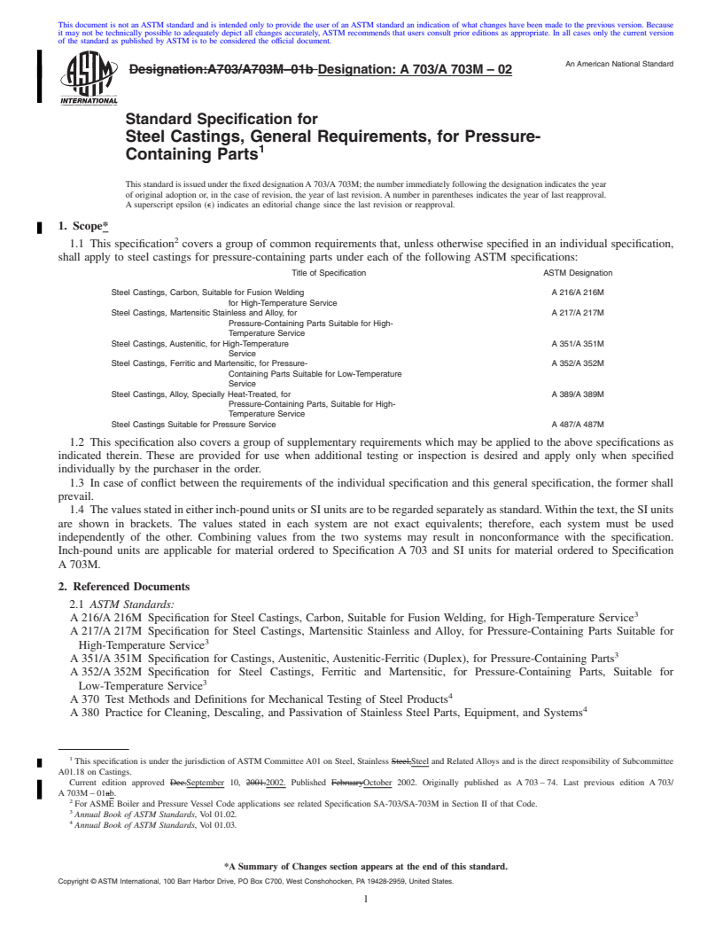 REDLINE ASTM A703/A703M-02 - Standard Specification for Steel Castings, General Requirements, for Pressure-Containing Parts