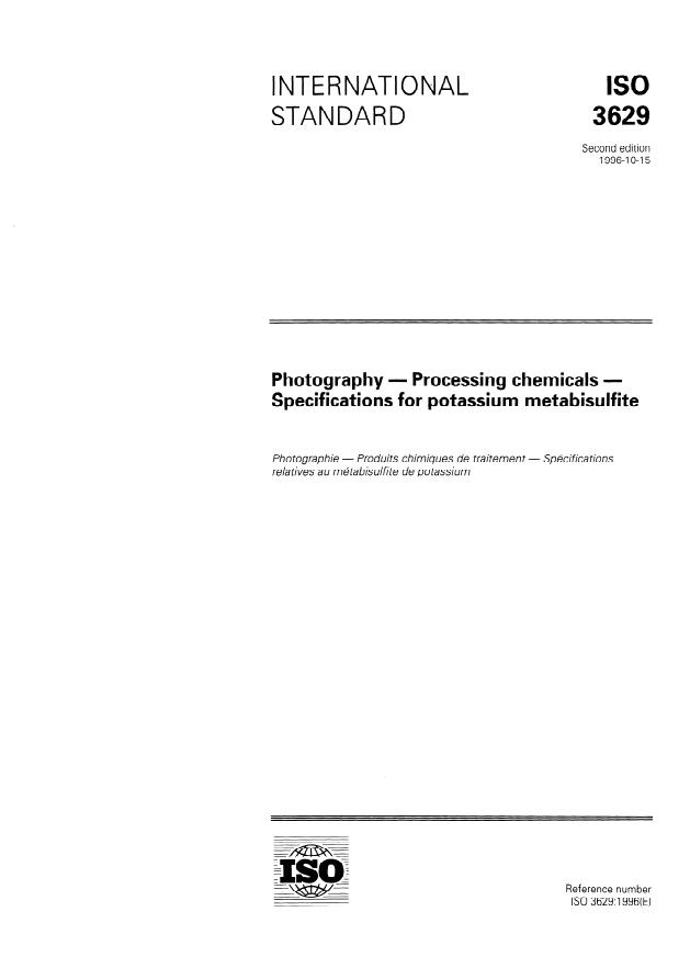 ISO 3629:1996 - Photography -- Processing chemicals -- Specifications for potassium metabisulfite