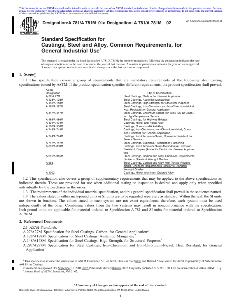REDLINE ASTM A781/A781M-02 - Standard Specification for Castings, Steel and Alloy, Common Requirements, for General Industrial Use