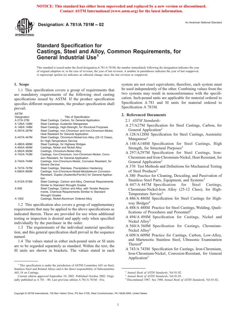 ASTM A781/A781M-02 - Standard Specification for Castings, Steel and Alloy, Common Requirements, for General Industrial Use