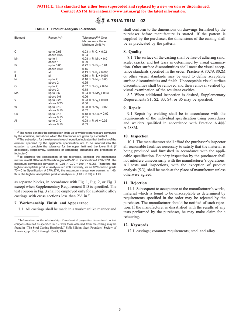 ASTM A781/A781M-02 - Standard Specification for Castings, Steel and Alloy, Common Requirements, for General Industrial Use