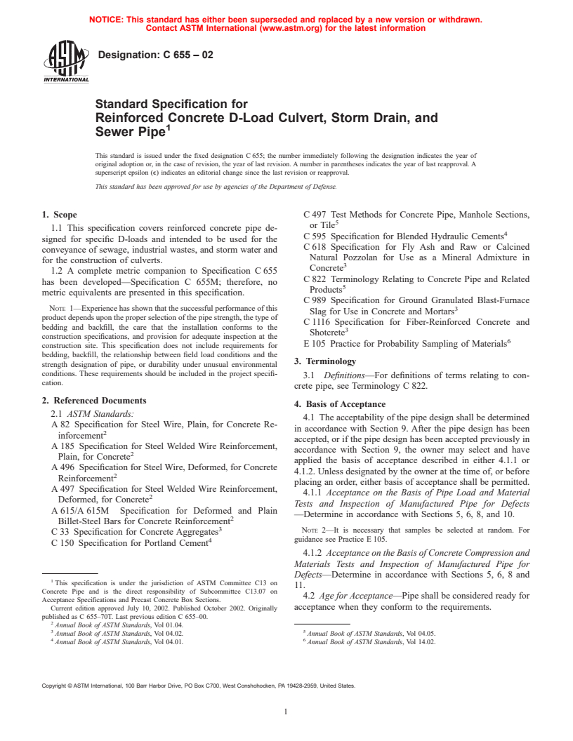 ASTM C655-02 - Standard Specification for Reinforced Concrete D-Load Culvert, Storm Drain, and Sewer Pipe