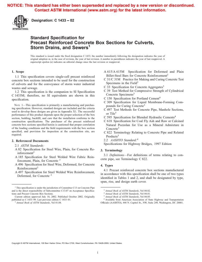 ASTM C1433-02 - Standard Specification for Precast Reinforced Concrete Box Sections for Culverts, Storm Drains, and Sewers