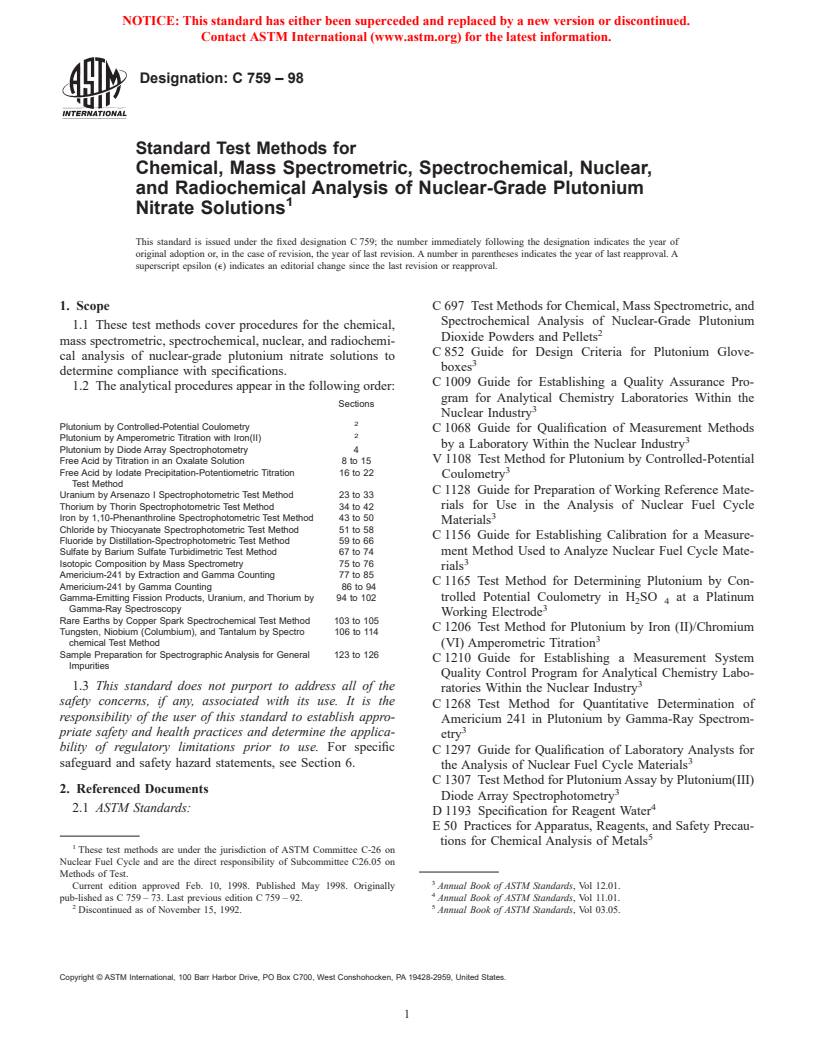 ASTM C759-98 - Standard Test Methods for Chemical, Mass Spectrometric, Spectrochemical, Nuclear, and Radiochemical Analysis of Nuclear-Grade Plutonium Nitrate Solutions