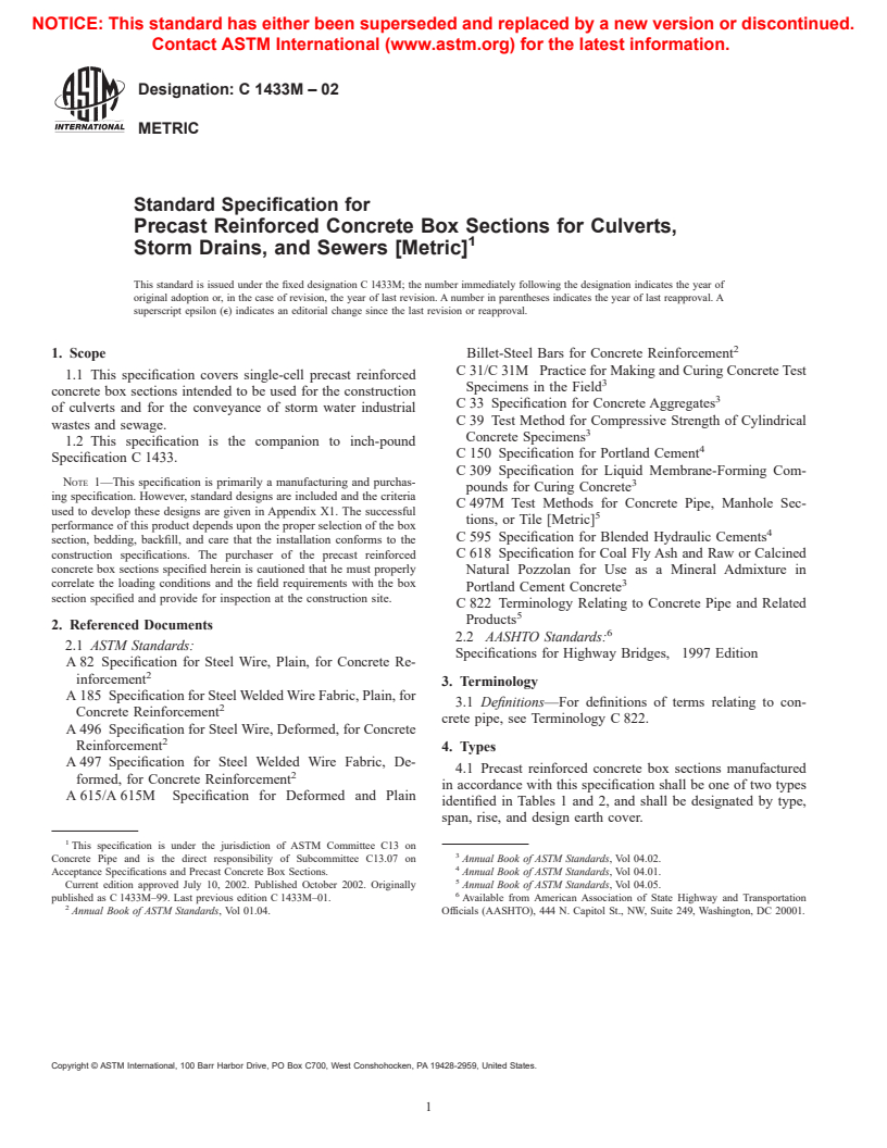 ASTM C1433M-02 - Standard Specification for Precast Reinforced Concrete Box Sections for Culverts, Storm Drains, and Sewers (Metric)