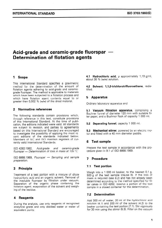 ISO 3703:1993 - Acid-grade and ceramic-grade fluorspar -- Determination of flotation agents