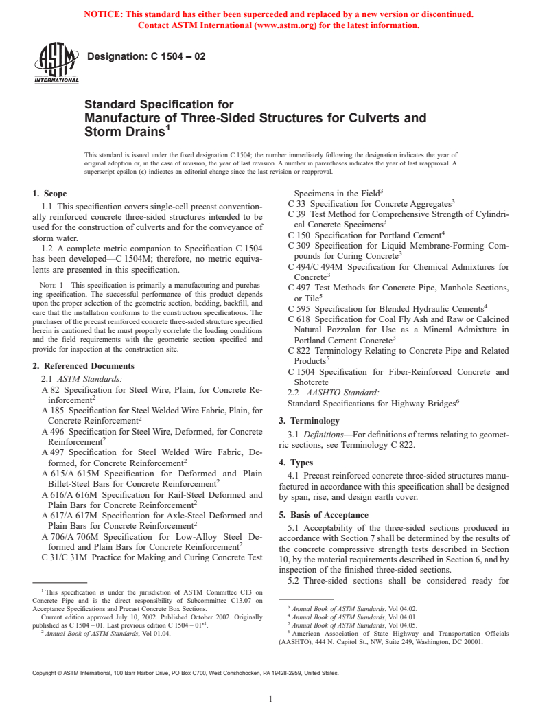 ASTM C1504-02 - Standard Specification for Manufacture of Precast Reinforced Concrete Three-Sided Structures for Culverts, Storm Drains, and Sewers