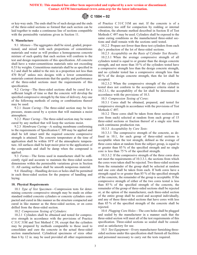 ASTM C1504-02 - Standard Specification for Manufacture of Precast Reinforced Concrete Three-Sided Structures for Culverts, Storm Drains, and Sewers