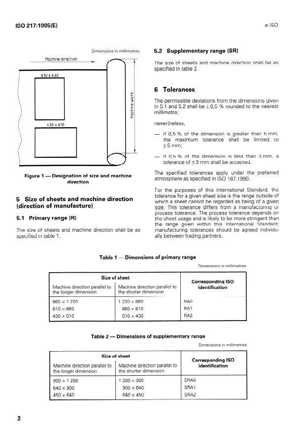 ISO 217:1995 ISO 217:1995 - Paper -- Untrimmed sizes -- Designation and tolerances for primary and supplementary ranges, and indication of machine direction - Page 4 preview