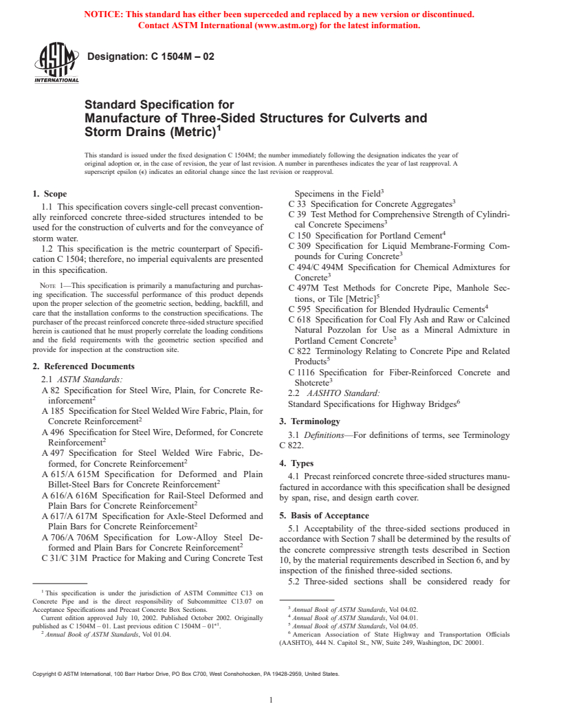 ASTM C1504M-02 - Standard Specification for Manufacture of Precast Reinforced Concrete Three-Sided Structures for Culverts, Storm Drains, and Sewers (Metric)