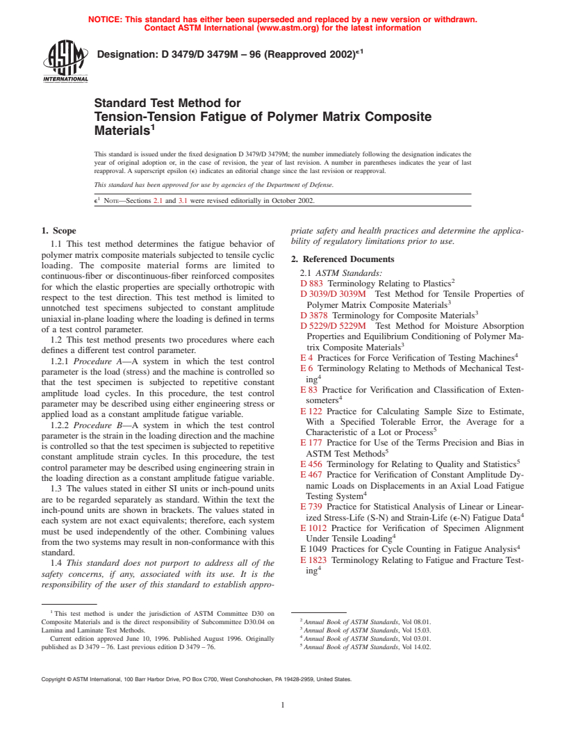 ASTM D3479/D3479M-96(2002)e1 - Standard Test Method for Tension-Tension Fatigue of Polymer Matrix Composite Materials