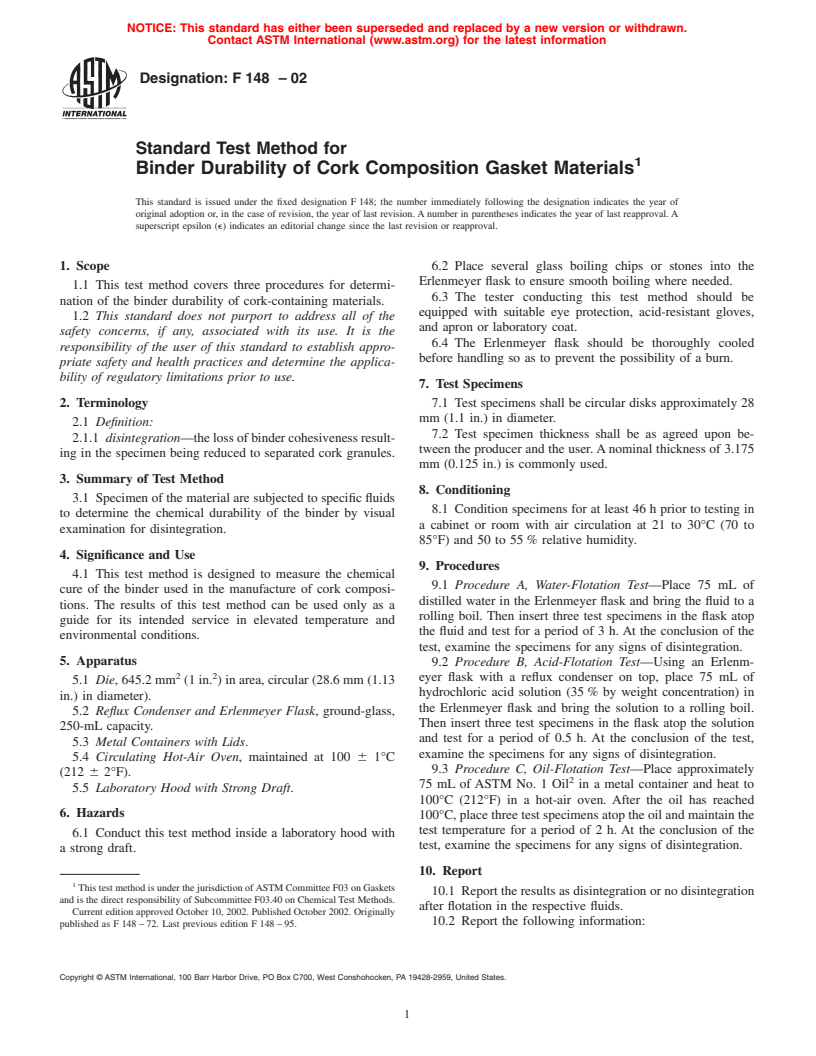 ASTM F148-02 - Standard Test Method for Binder Durability of Cork Composition Gasket Materials