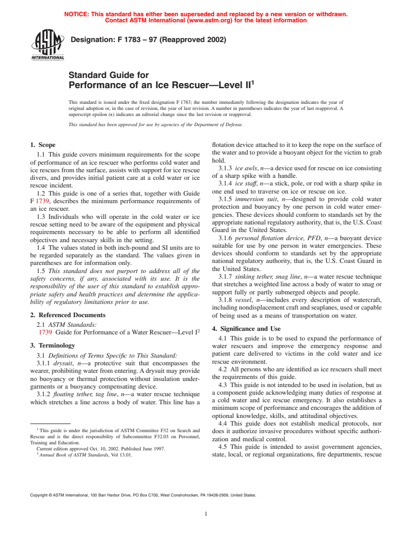 ASTM F1783-97(2002) - Standard Guide for Performance of an Ice Rescuer&#8212;Level II