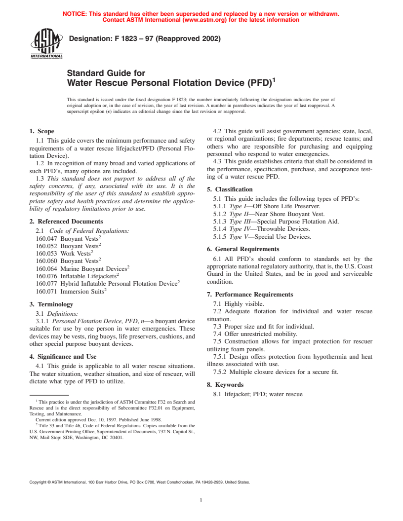 ASTM F1823-97(2002) - Standard Guide for Water Rescue Personal Flotation Device (PFD)