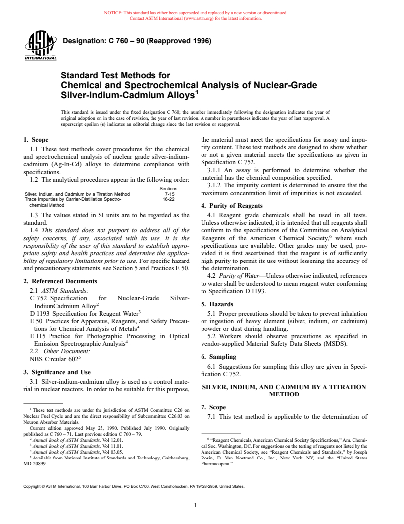 ASTM C760-90(1996) - Standard Test Methods for Chemical and Spectrochemical Analysis of Nuclear-Grade Silver-Indium-Cadmium Alloys