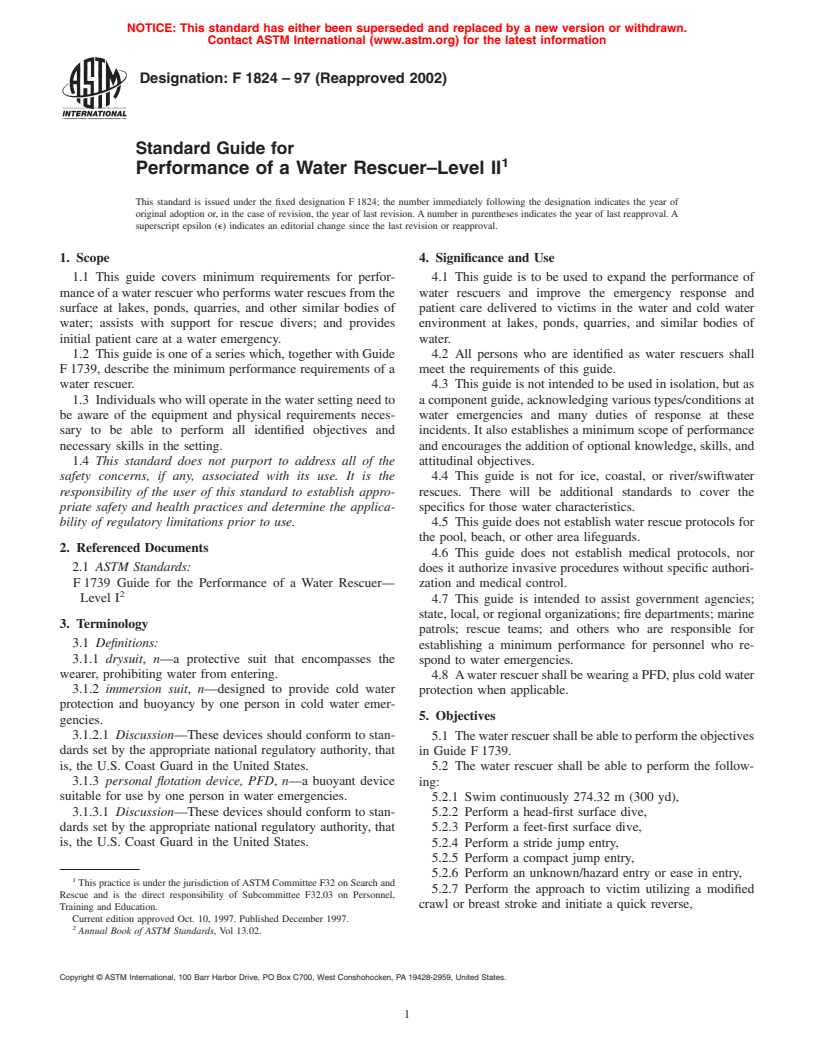 ASTM F1824-97(2002) - Standard Guide for Performance of a Water Rescuer-Level II