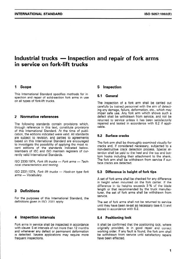 ISO 5057:1993 - Industrial trucks -- Inspection and repair of fork arms in service on fork-lift trucks