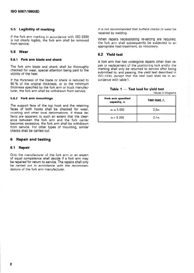 ISO 5057:1993 ISO 5057:1993 - Industrial trucks -- Inspection and repair of fork arms in service on fork-lift trucks - Page 4 preview