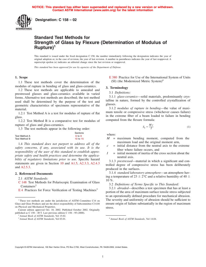 ASTM C158-02 - Standard Test Methods for Strength of Glass by Flexure (Determination of Modulus of Rupture)