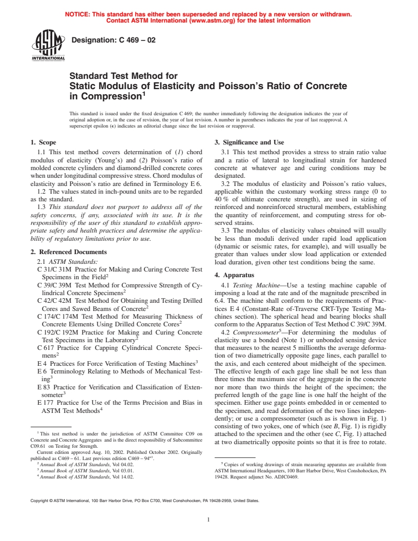 ASTM C469-02 - Standard Test Method for Static Modulus of Elasticity and Poisson's Ratio of Concrete in Compression