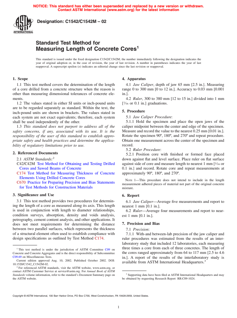 ASTM C1542/C1542M-02 - Standard Test Method for Measuring Length of Concrete Cores