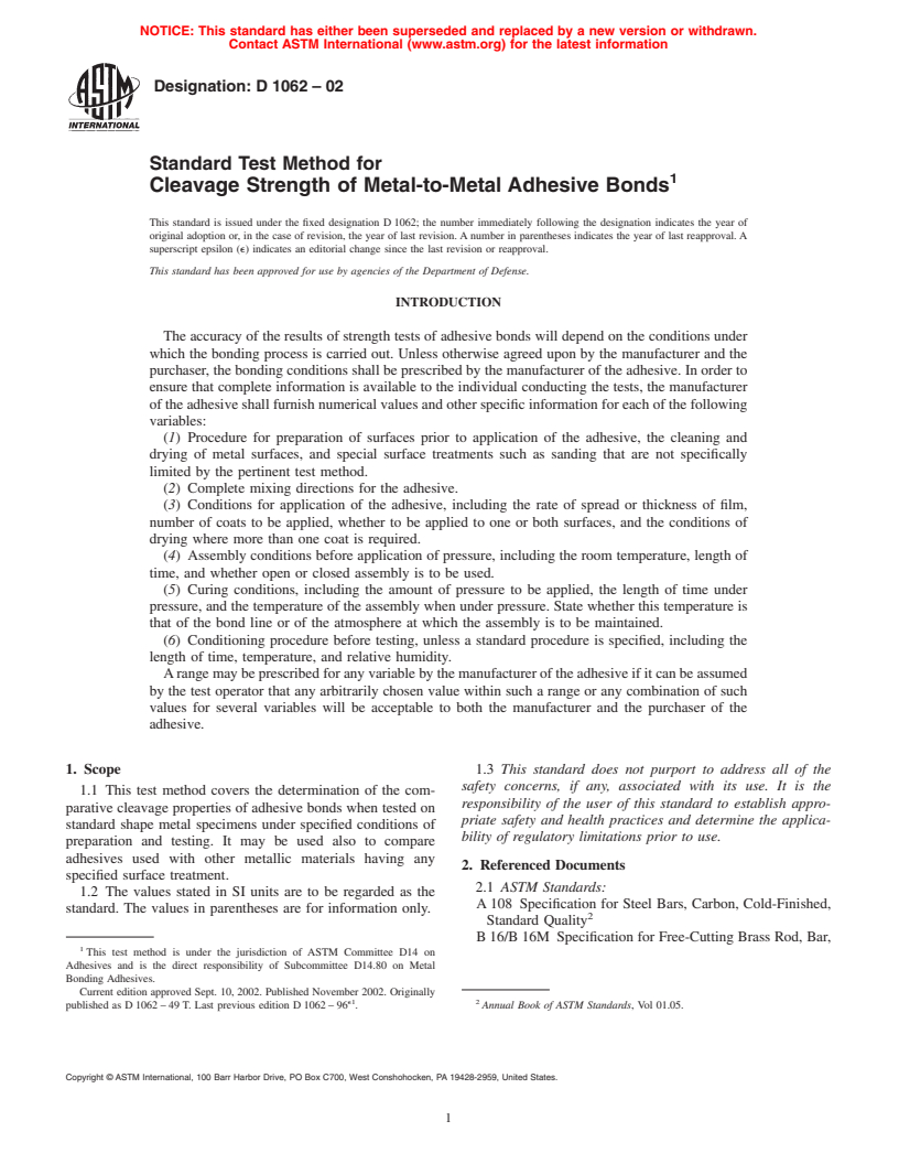 ASTM D1062-02 - Standard Test Method for Cleavage Strength of Metal-to-Metal Adhesive Bonds