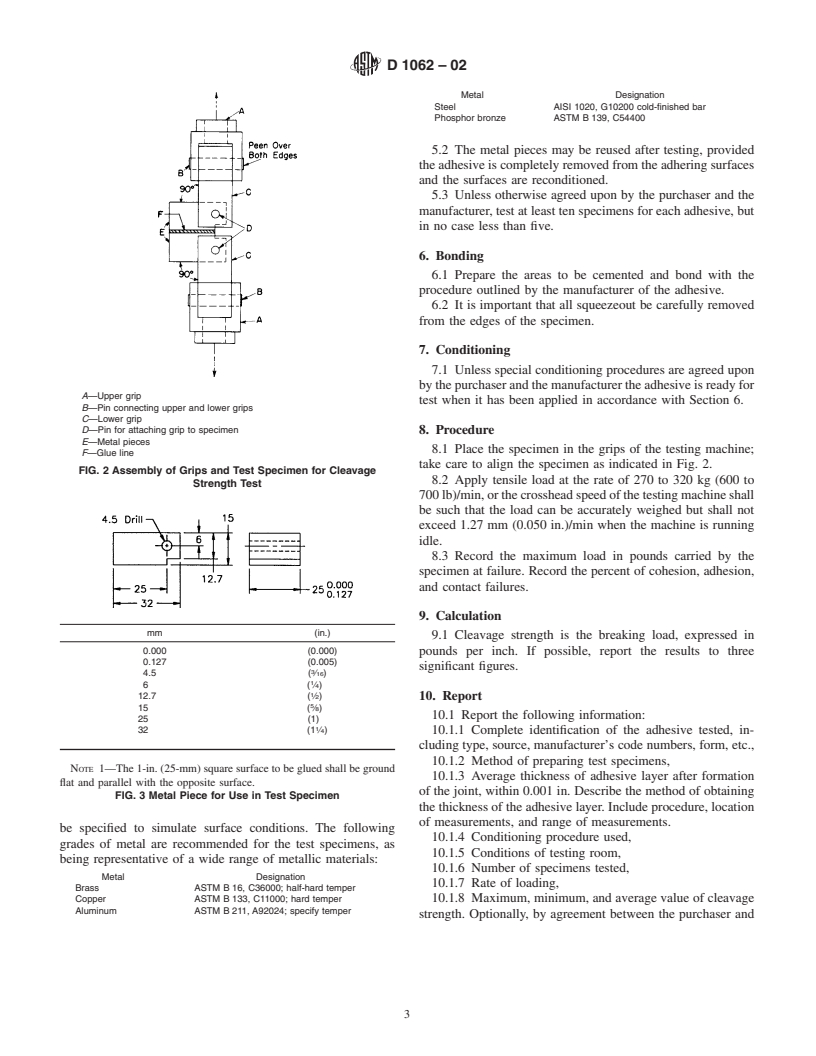 ASTM D1062-02 - Standard Test Method for Cleavage Strength of Metal-to-Metal Adhesive Bonds