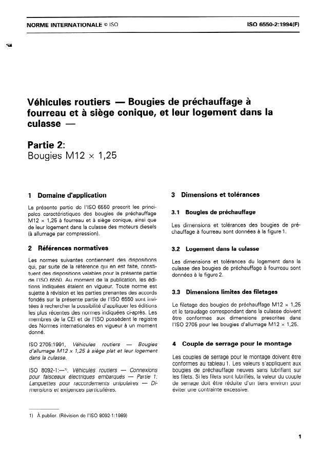 ISO 6550-2:1994 - Véhicules routiers -- Bougies de préchauffage du type a fourreau et a siege conique, et leur logement dans la culasse