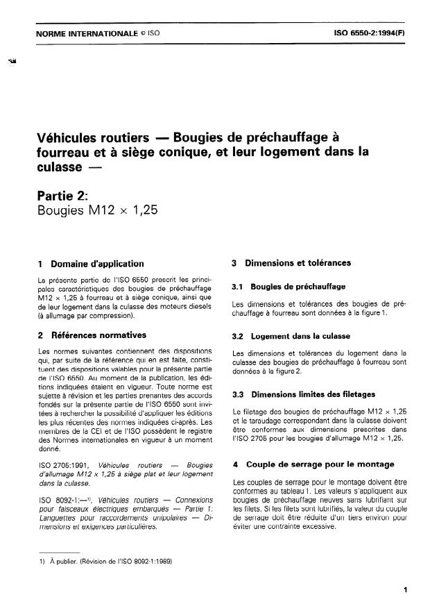 ISO 6550-2:1994 - Véhicules routiers -- Bougies de préchauffage du type a fourreau et a siege conique, et leur logement dans la culasse